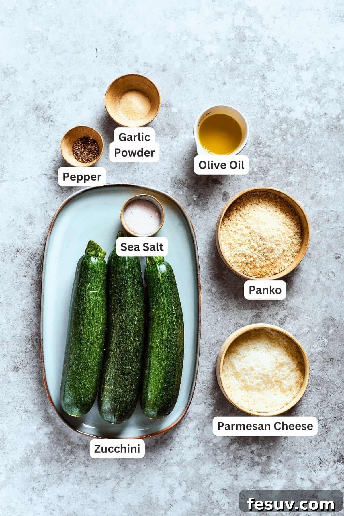 Fresh ingredients for making zucchini chips laid out: sliced zucchini, olive oil, Panko breadcrumbs, Parmesan cheese, garlic powder, salt, and pepper.