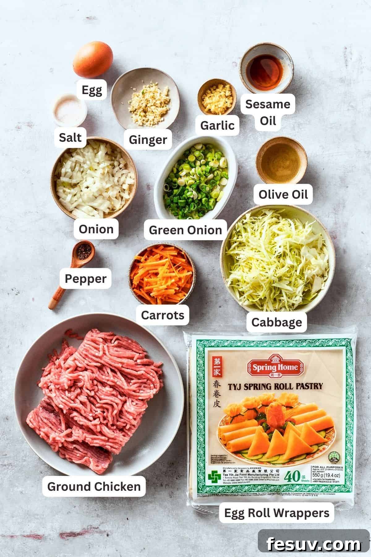 All the essential ingredients for making chicken egg rolls are neatly arranged and labeled on a rustic wooden board: ground chicken, shredded carrots and cabbage, yellow onion, minced garlic, olive oil, fresh ginger, sesame oil, thinly sliced green onions, a stack of egg roll wrappers, a beaten egg, and vegetable oil.