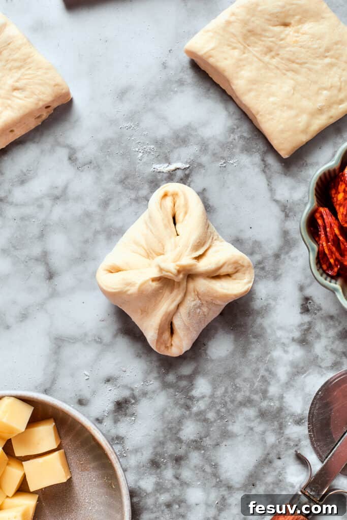 This easy Pizza Bites recipe stuffs spicy pepperoni and gooey mozzarella cheese into little pieces of pizza dough brushed with herb butter. The edges of the dough square are expertly folded upwards and pinched together, encasing the pepperoni and cheese filling to form a sealed ball.