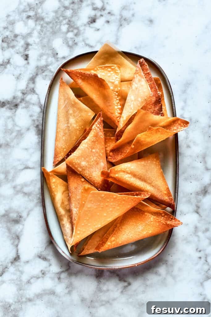 These Chicken Wonton Tacos feature bites of garlicky honey chicken stuffed into crisp wonton shells along with tangy fresh coleslaw. The crisp wonton wrappers on a dish.