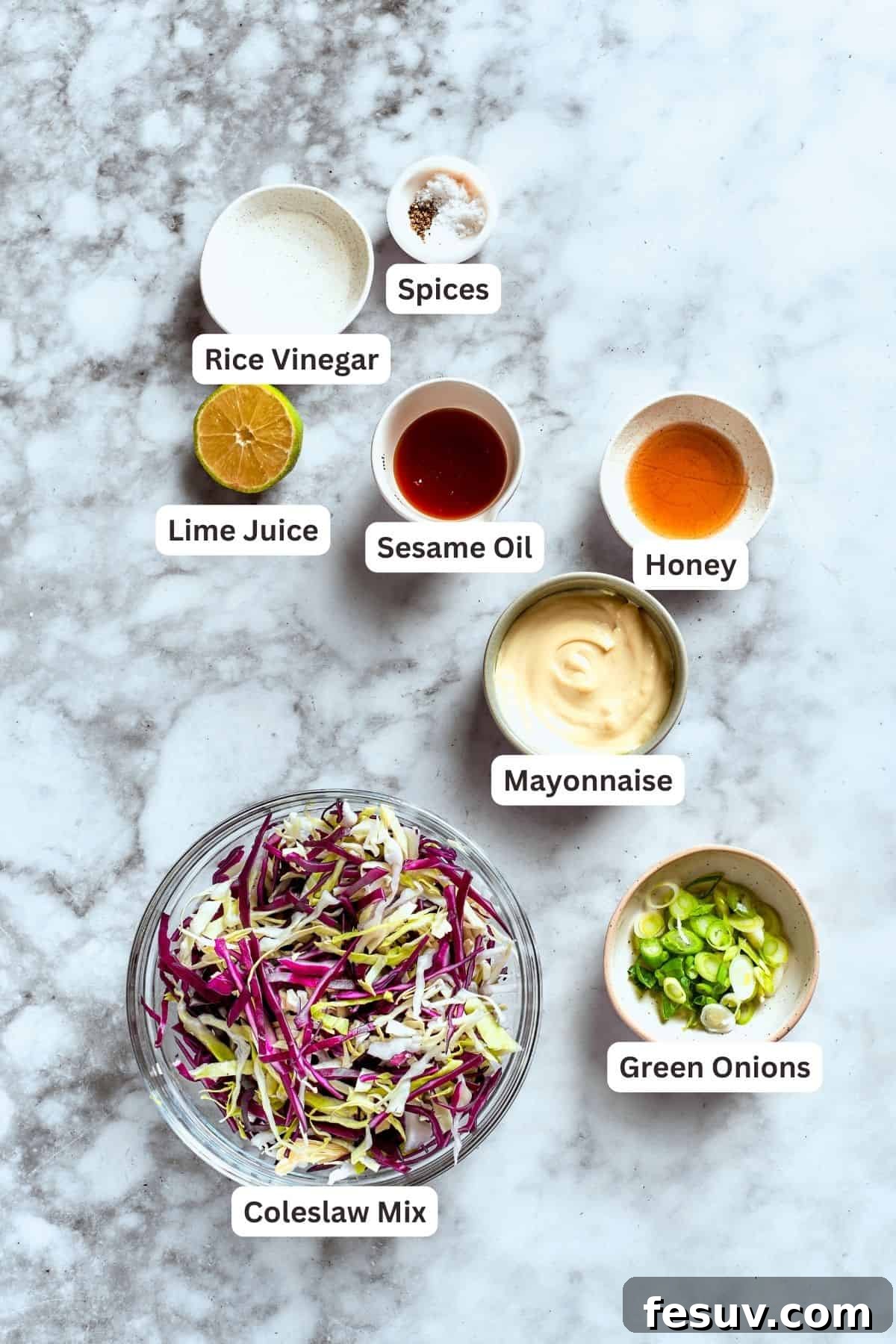 These Chicken Wonton Tacos feature bites of garlicky honey chicken stuffed into crisp wonton shells along with tangy fresh coleslaw. Chicken wonton taco coleslaw ingredients: mayonnaise, rice vinegar, lime juice, spices, green onions, sesame oil, honey, coleslaw mix.