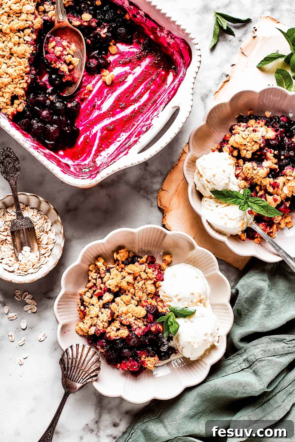 Irresistible Blueberry Crisp served warm with vanilla ice cream Two bowls of warm homemade blueberry crisp, each topped with a generous scoop of melting vanilla ice cream and a sprig of fresh mint. A baking dish of the crisp sits in the background.