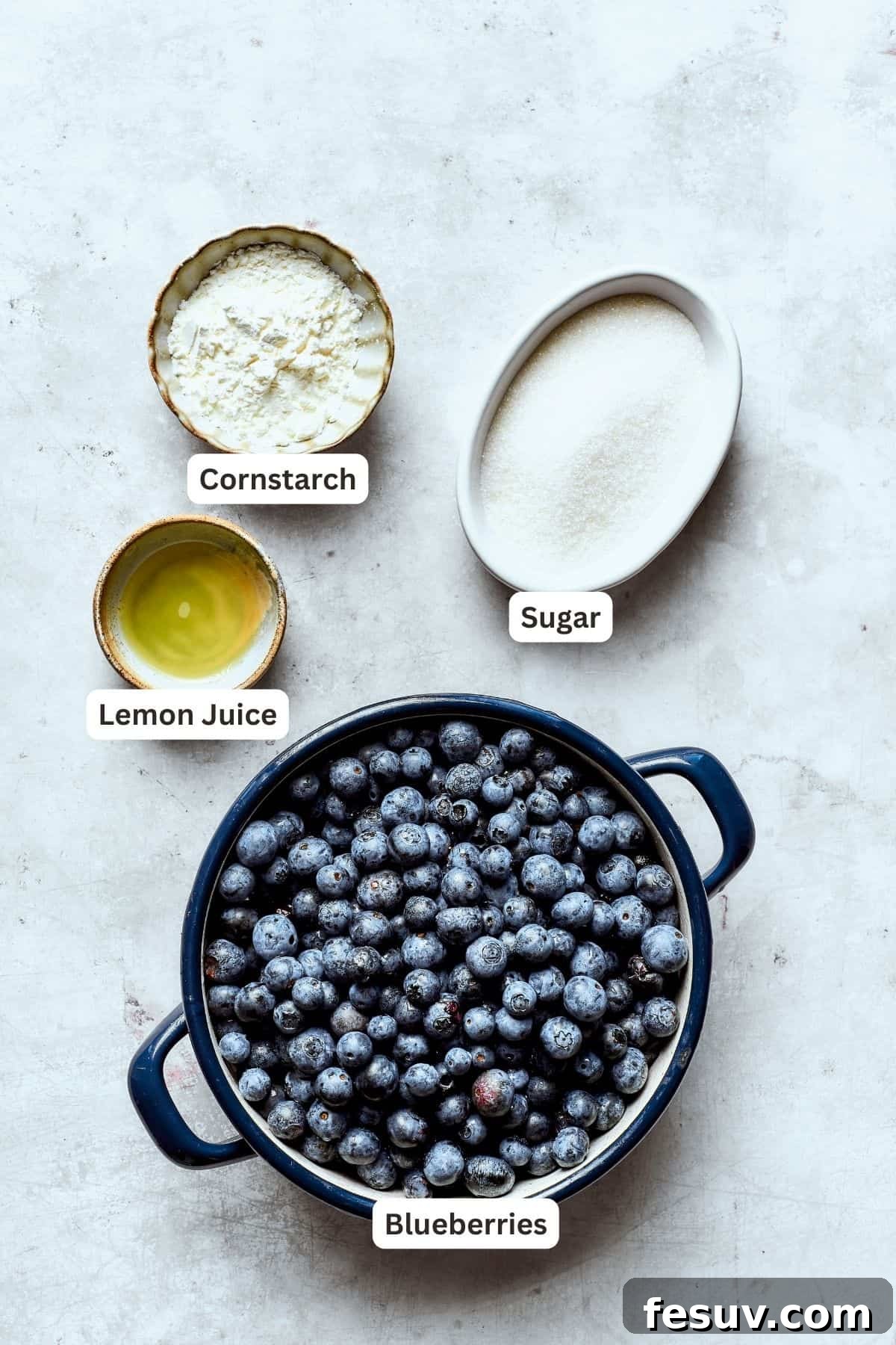 Key ingredients for a juicy blueberry filling Labeled ingredients for the blueberry filling: cornstarch, granulated sugar, fresh blueberries, and lemon juice.