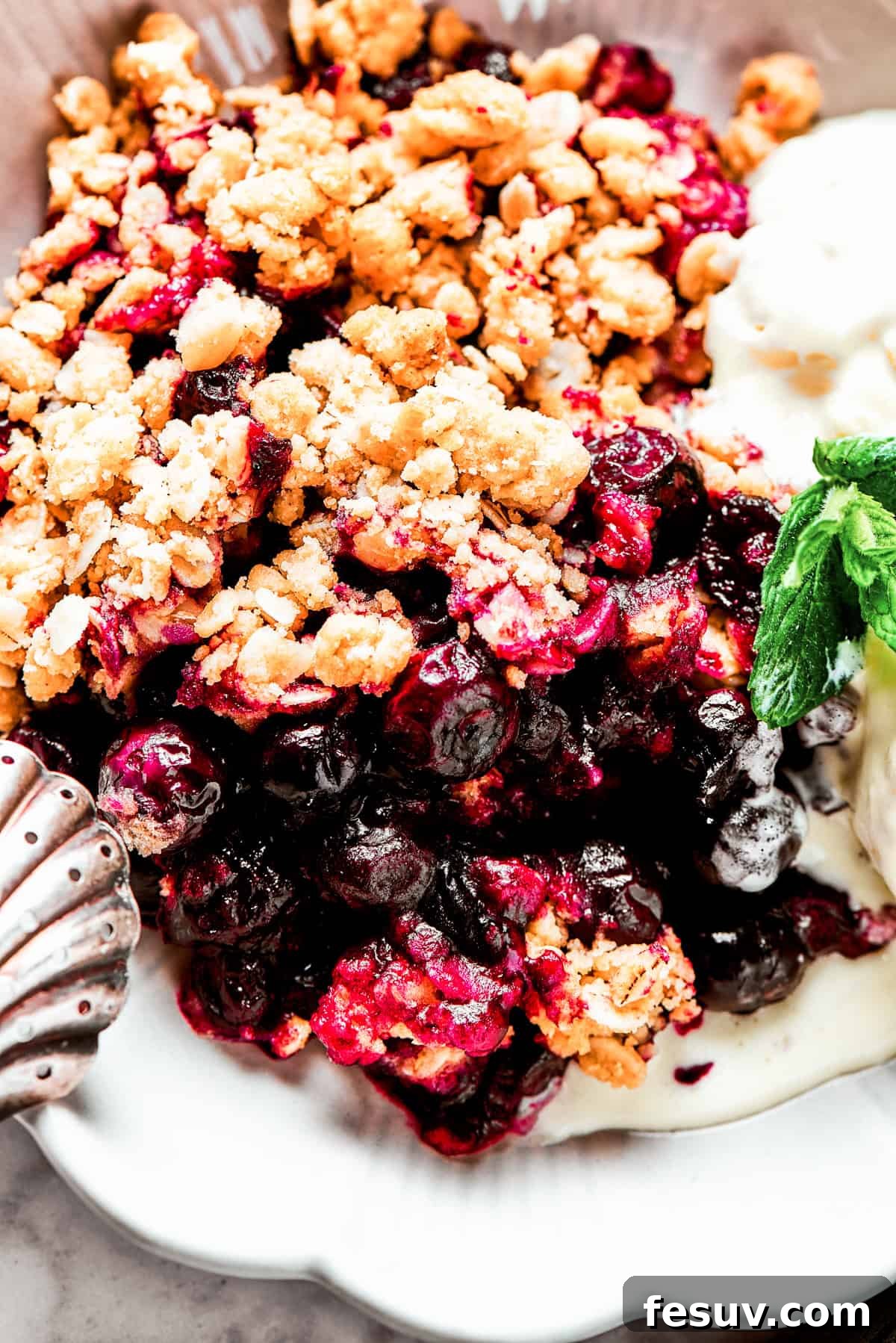 Baked blueberry crisp showing bubbling filling and golden topping A close-up view of the baked blueberry crisp, showing the vibrant, bubbling blueberry filling peeking through the golden-brown, crumbly oat topping.