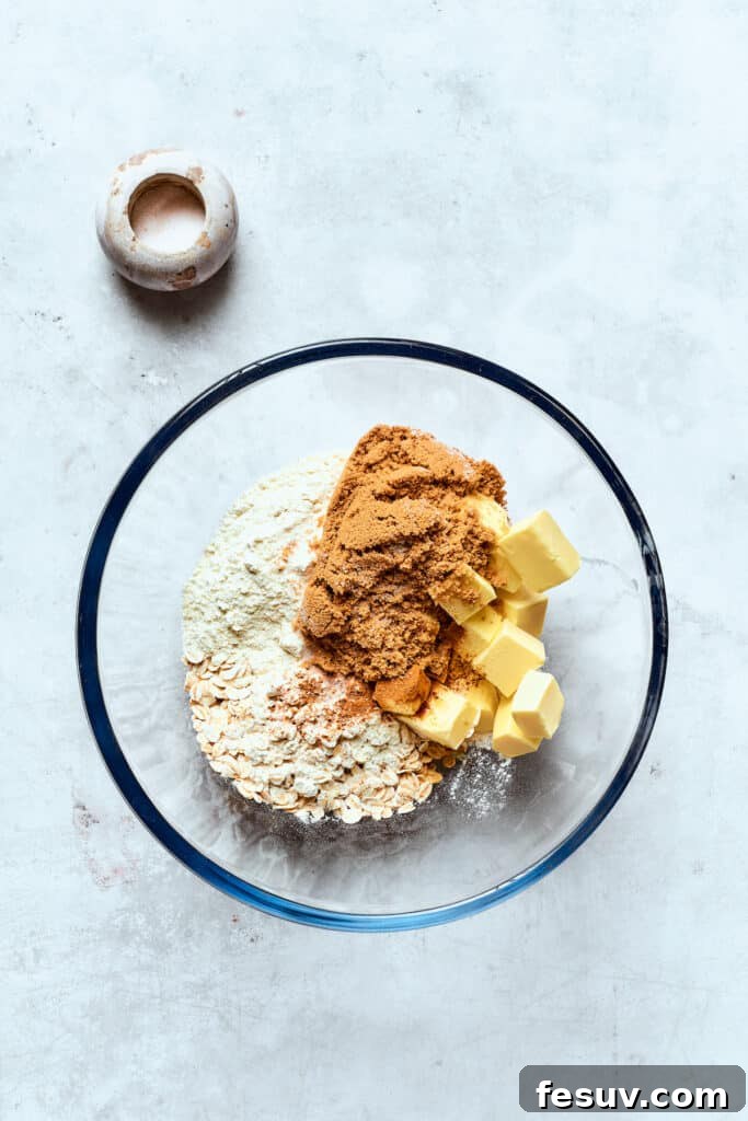 Combining dry ingredients for the crisp topping All the dry ingredients for the crisp topping (flour, oats, brown sugar, cinnamon, salt) are combined in a mixing bowl.