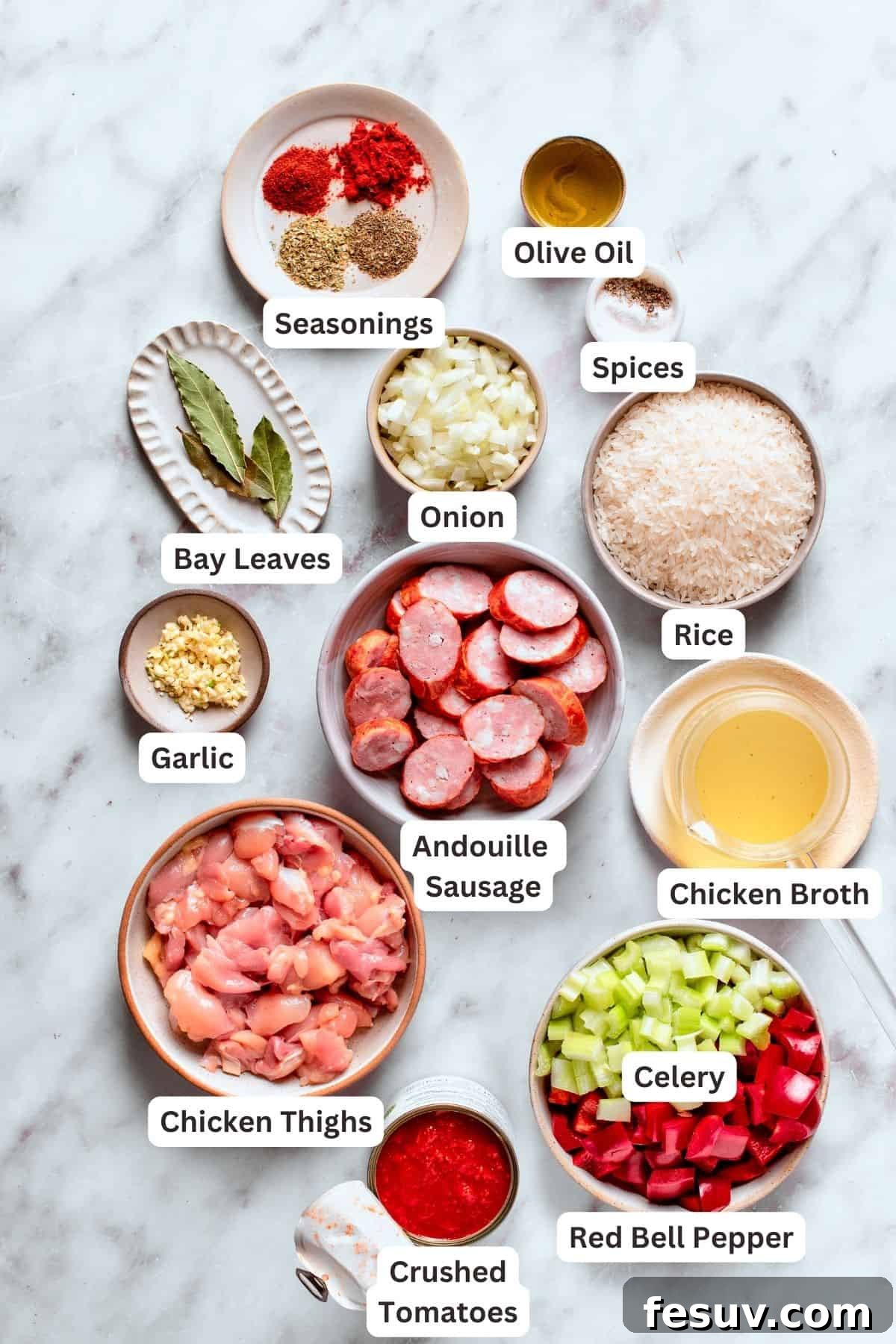 Chicken and sausage jambalaya ingredients are shown labeled: sausage, chicken, rice, garlic, chicken broth, seasonings, spices, olive oil, celery, red bell pepper.