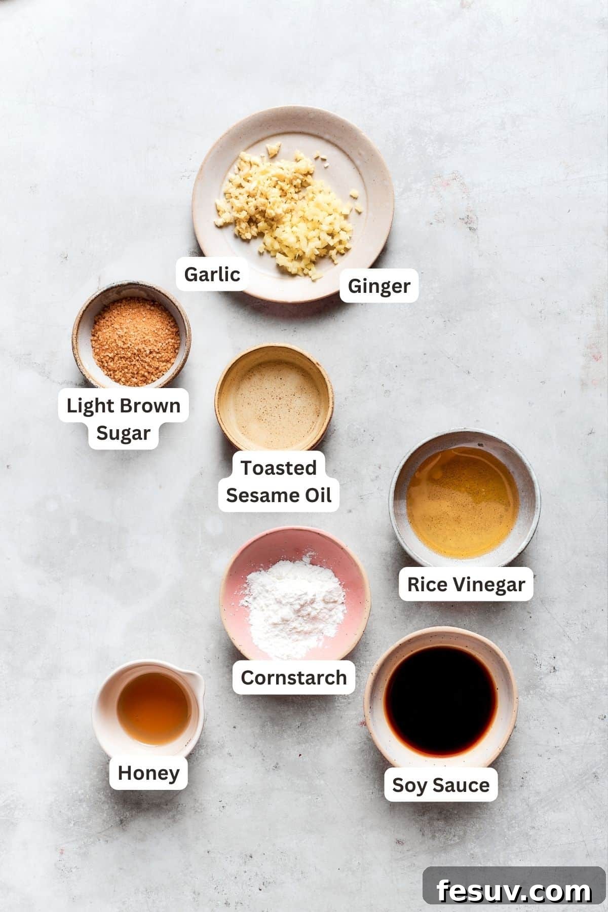 Teriyaki sauce ingredients: fresh ginger, garlic, toasted sesame oil, light brown sugar, rice vinegar, cornstarch, soy sauce, honey.