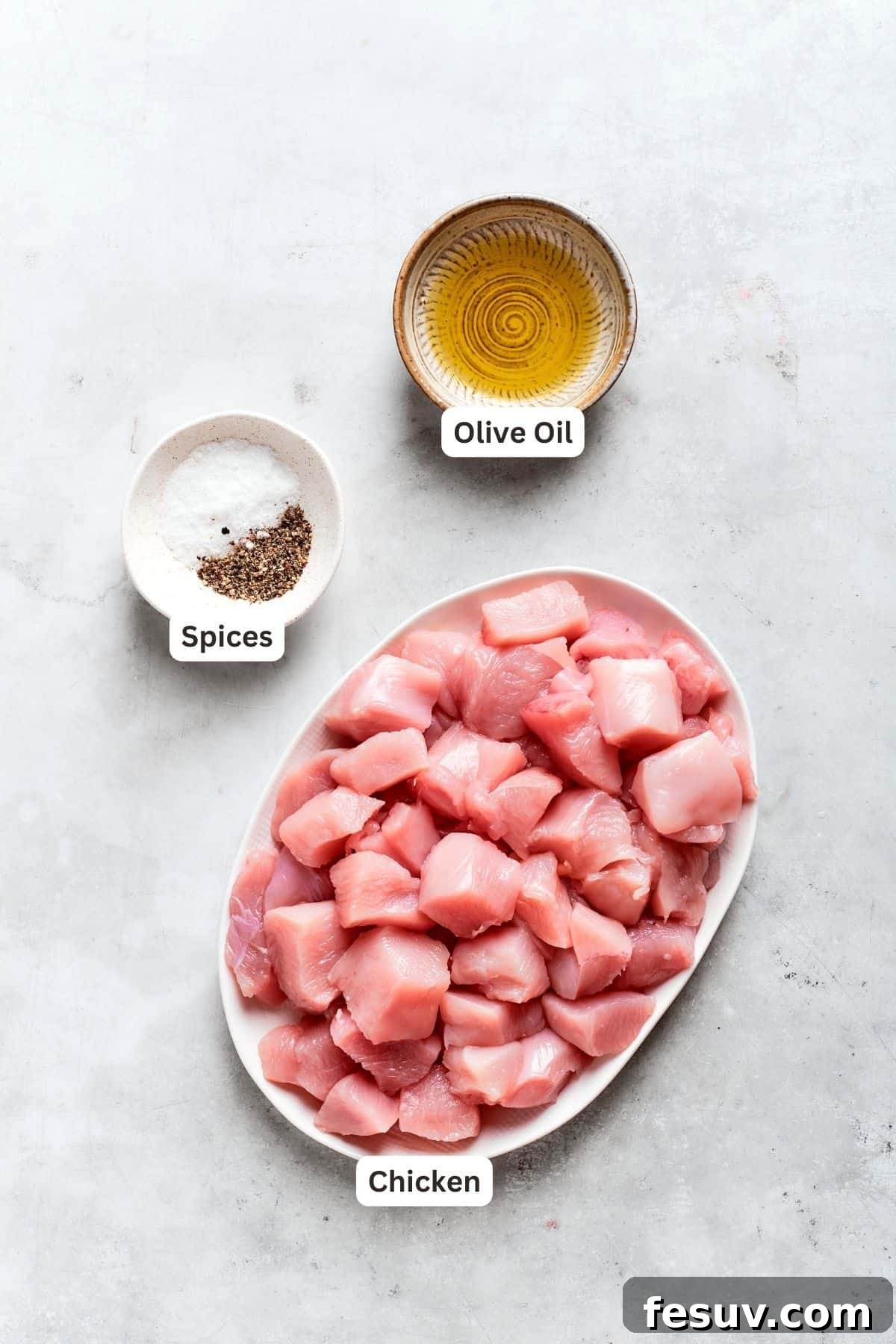 Chicken teriyaki recipe ingredients: spices, olive oil, chicken.