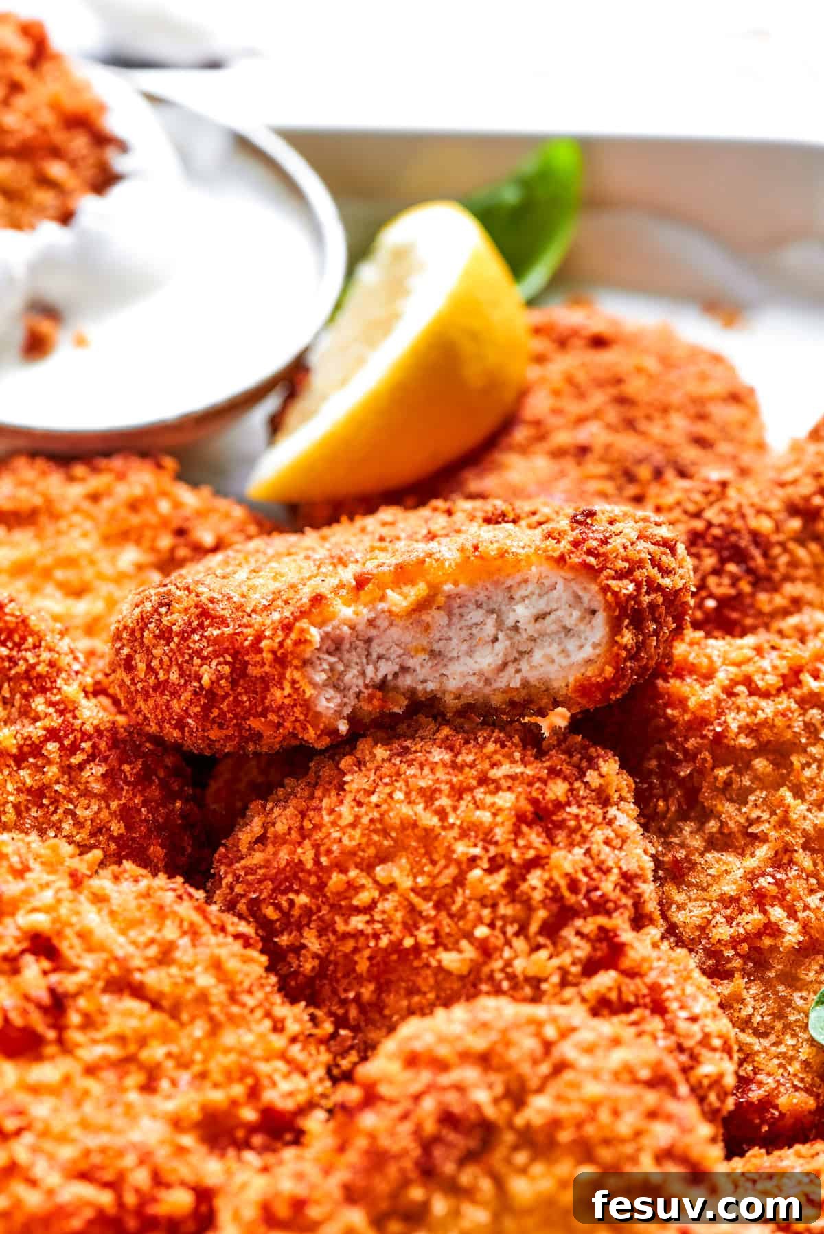 A pile of chicken nuggets, one with a bite taken out.