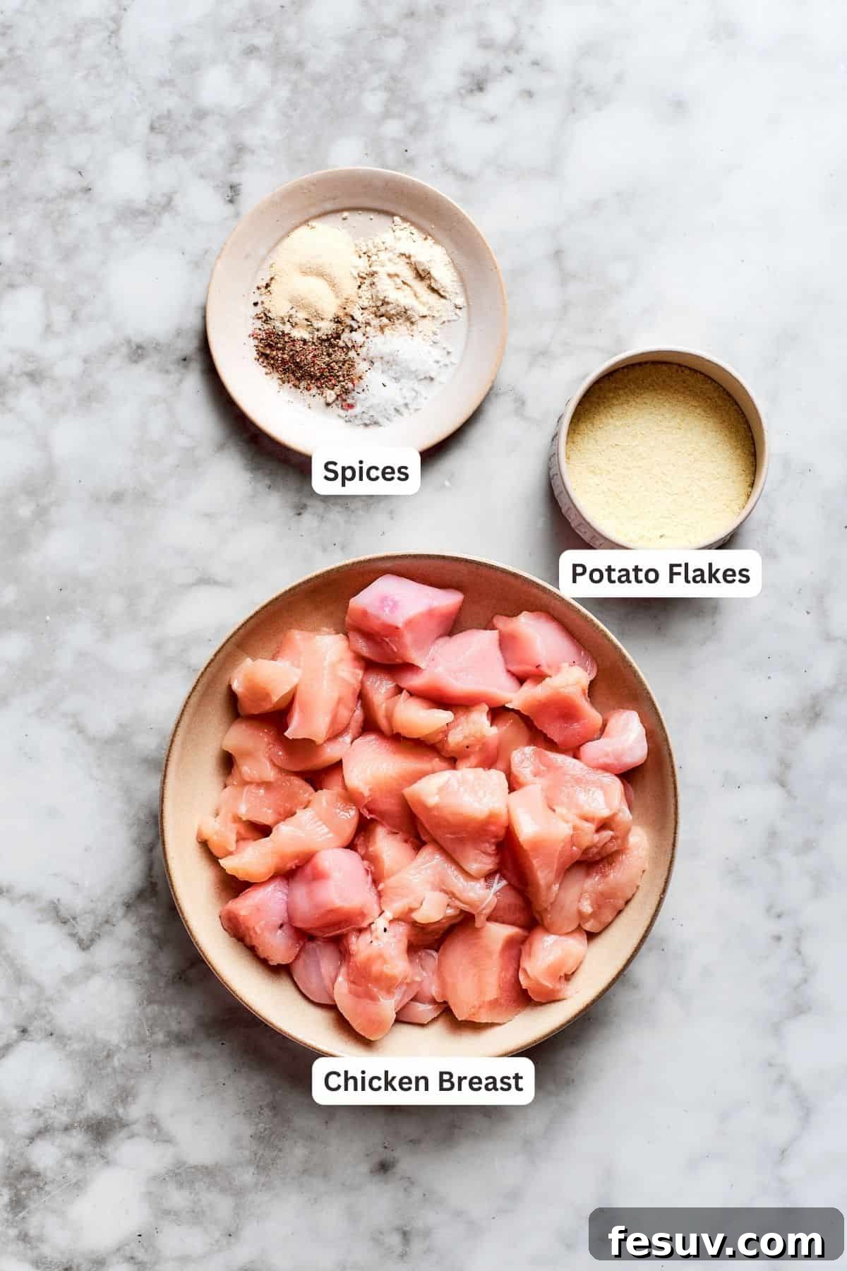 Chicken nugget ingredients: chicken, onion powder, garlic powder.