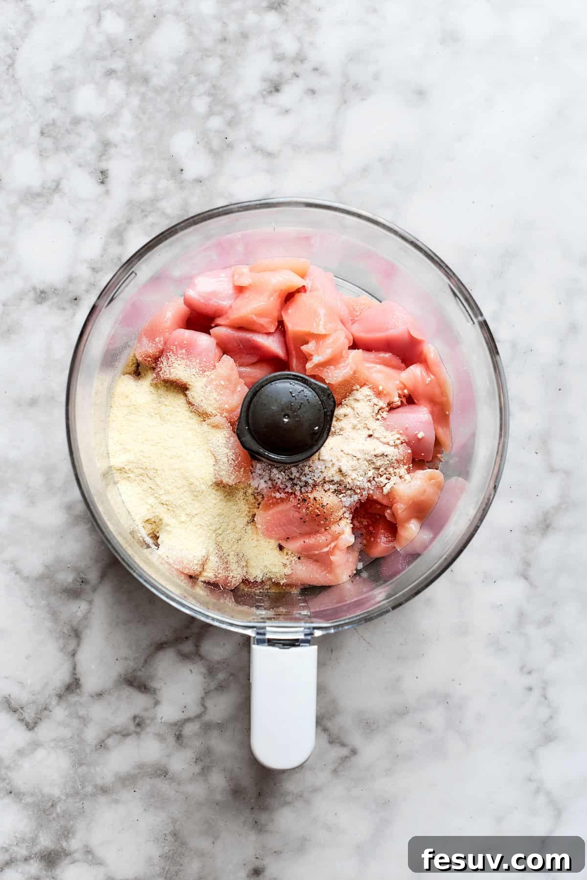 Chicken pieces and spices are added to a food processor.