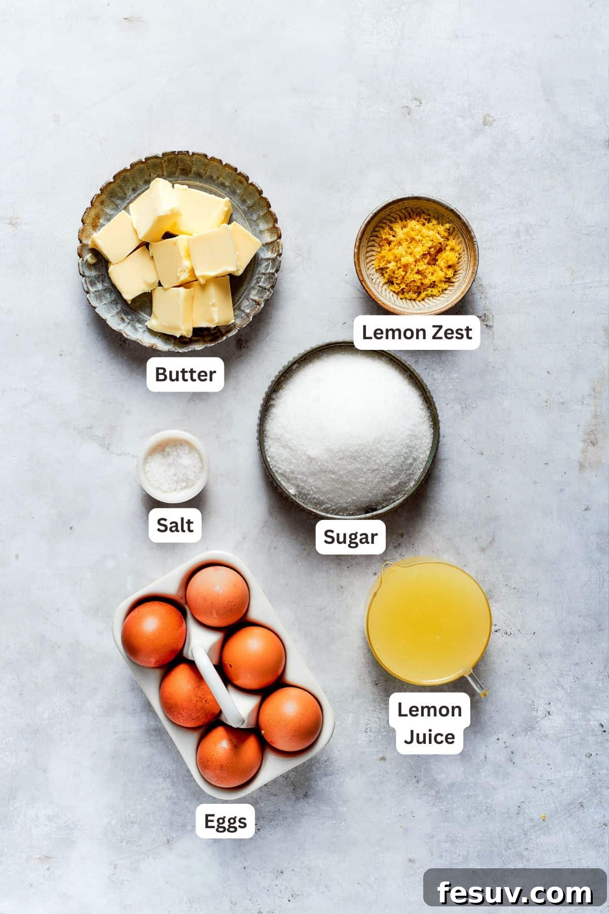 Sun-Kissed Lemon Tiramisu 4 Ingredients for delicious lemon curd: unsalted butter, eggs, granulated sugar, fresh lemon juice, lemon zest, and a pinch of salt.