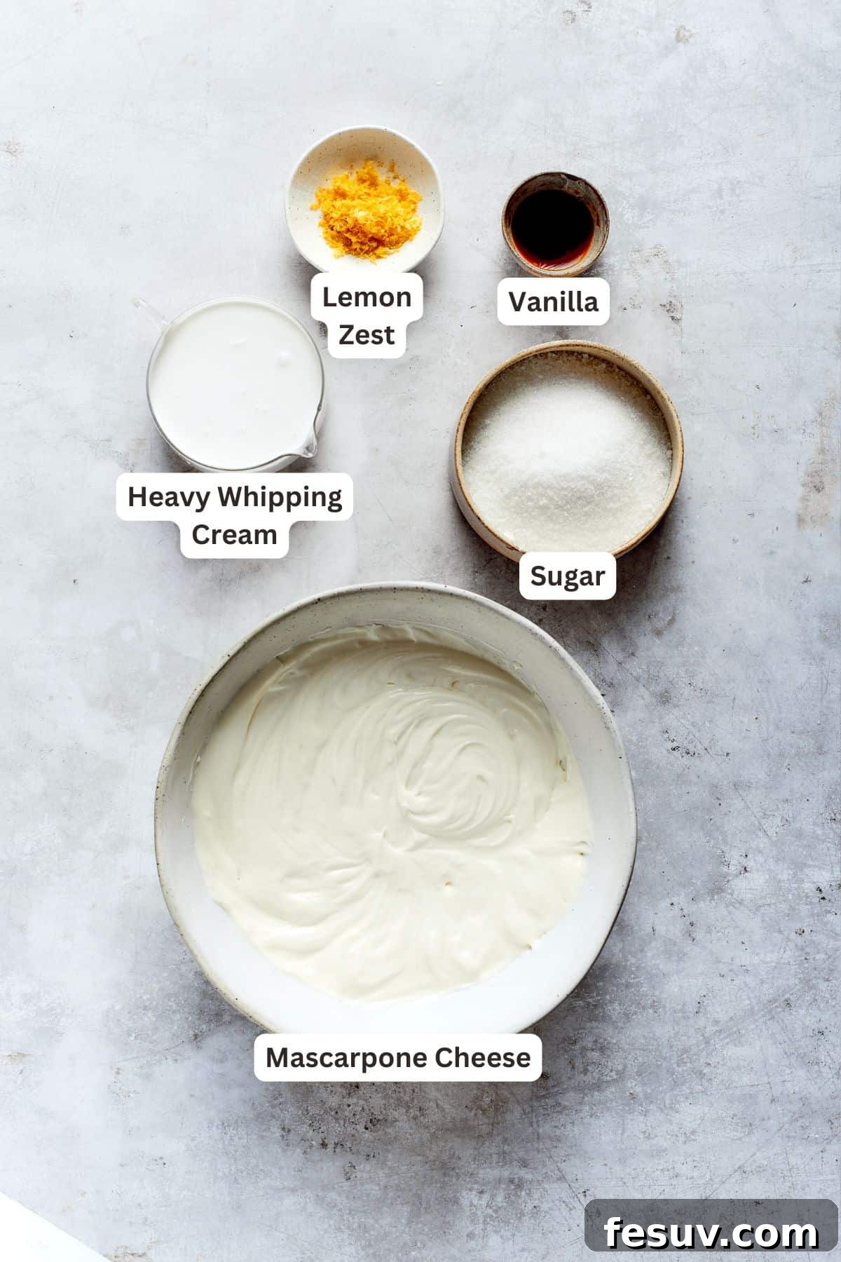 Sun-Kissed Lemon Tiramisu 5 Ingredients for lemon tiramisu filling: mascarpone cheese, granulated sugar, heavy whipping cream, vanilla extract, and fresh lemon zest.