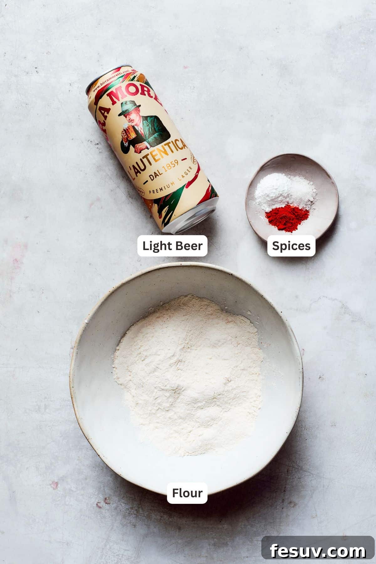 Ingredients for the beer batter, labeled as beer, flour, and spices.