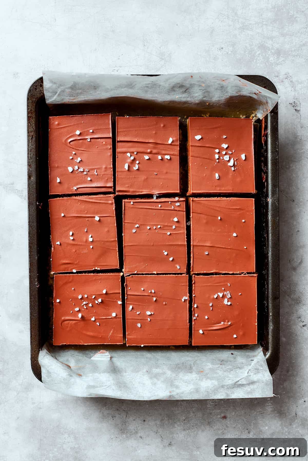 Chocolate ganache and flaky salt top a pan of millionaire bars.