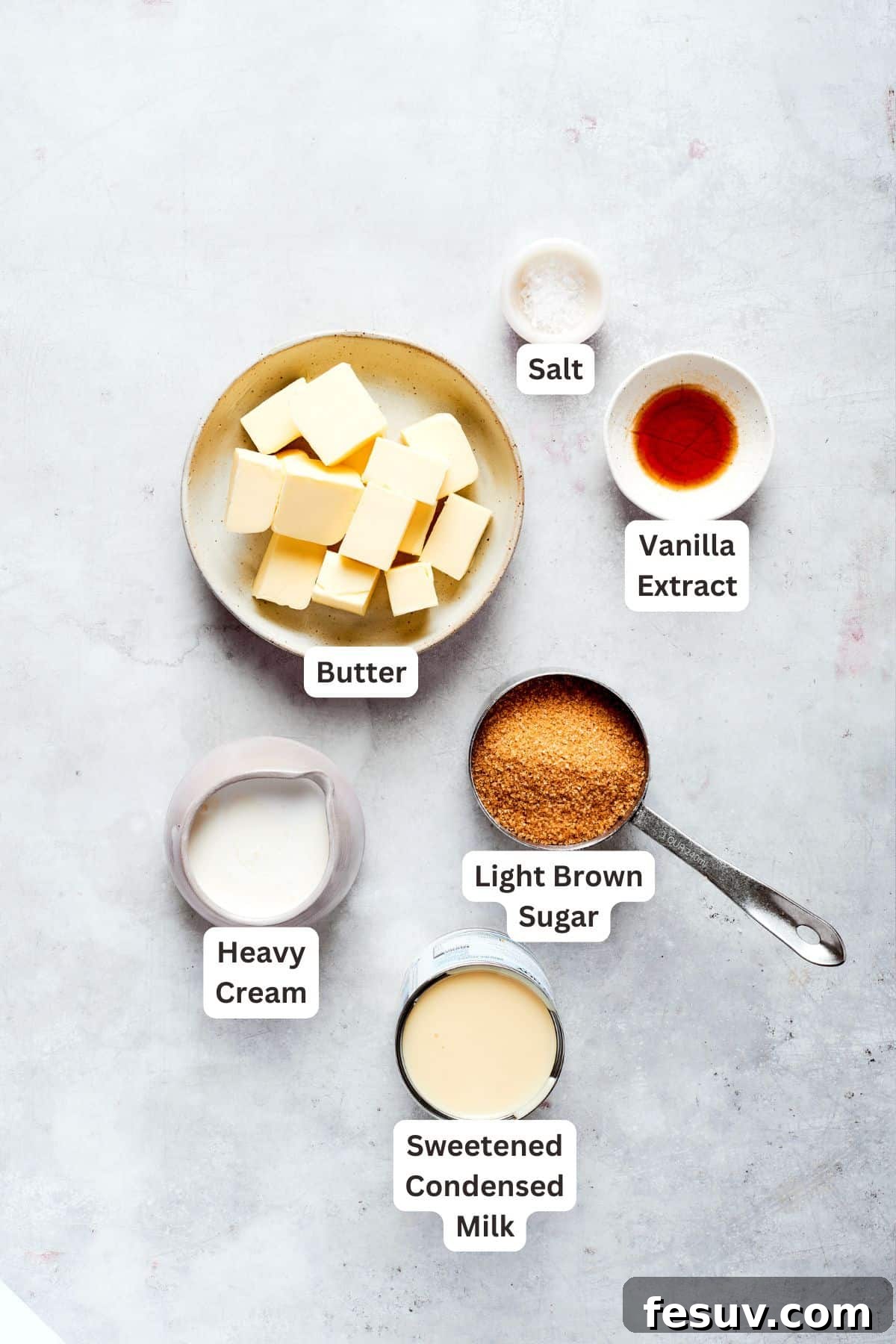 Caramel ingredients labeled: butter, vanilla, light brown sugar, salt, heavy cream, condensed milk.