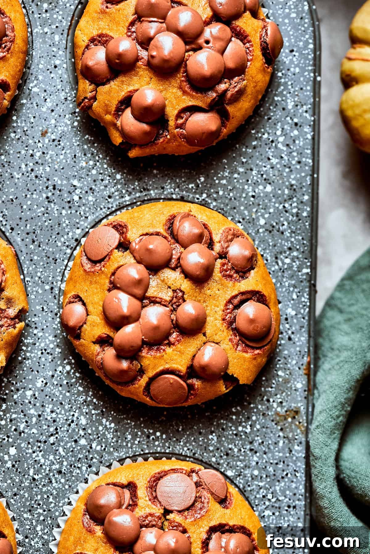 Three pumpkin chocolate chip muffins are nestled in a muffin tin, freshly baked and ready to be enjoyed.
