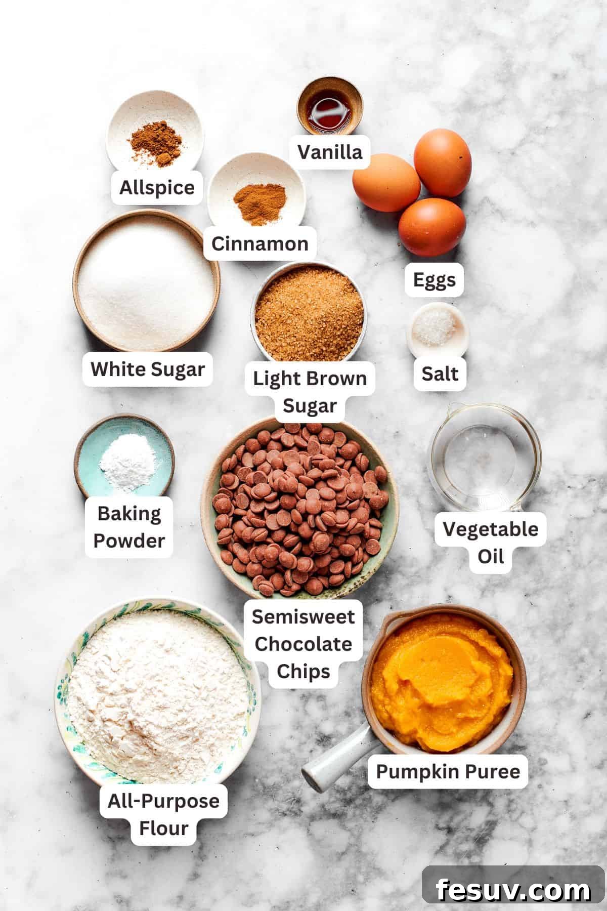 The ingredients for pumpkin chocolate chip muffins are neatly laid out and labeled, ready for baking.