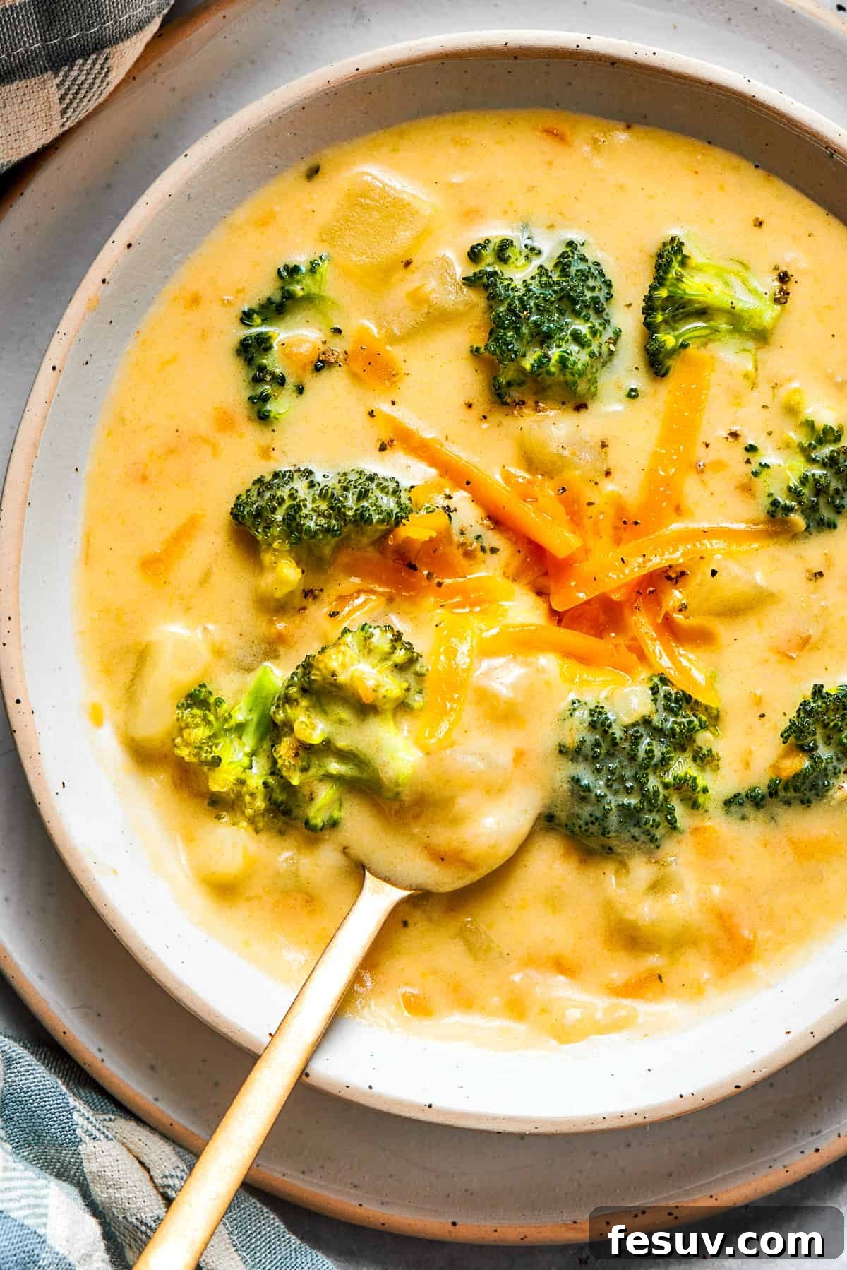 Bowl of broccoli cheese soup garnished with shredded cheese and broccoli florets.
