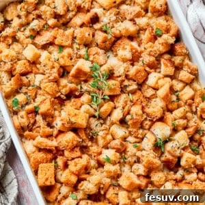 Chicken stuffing casserole in a baking dish.
