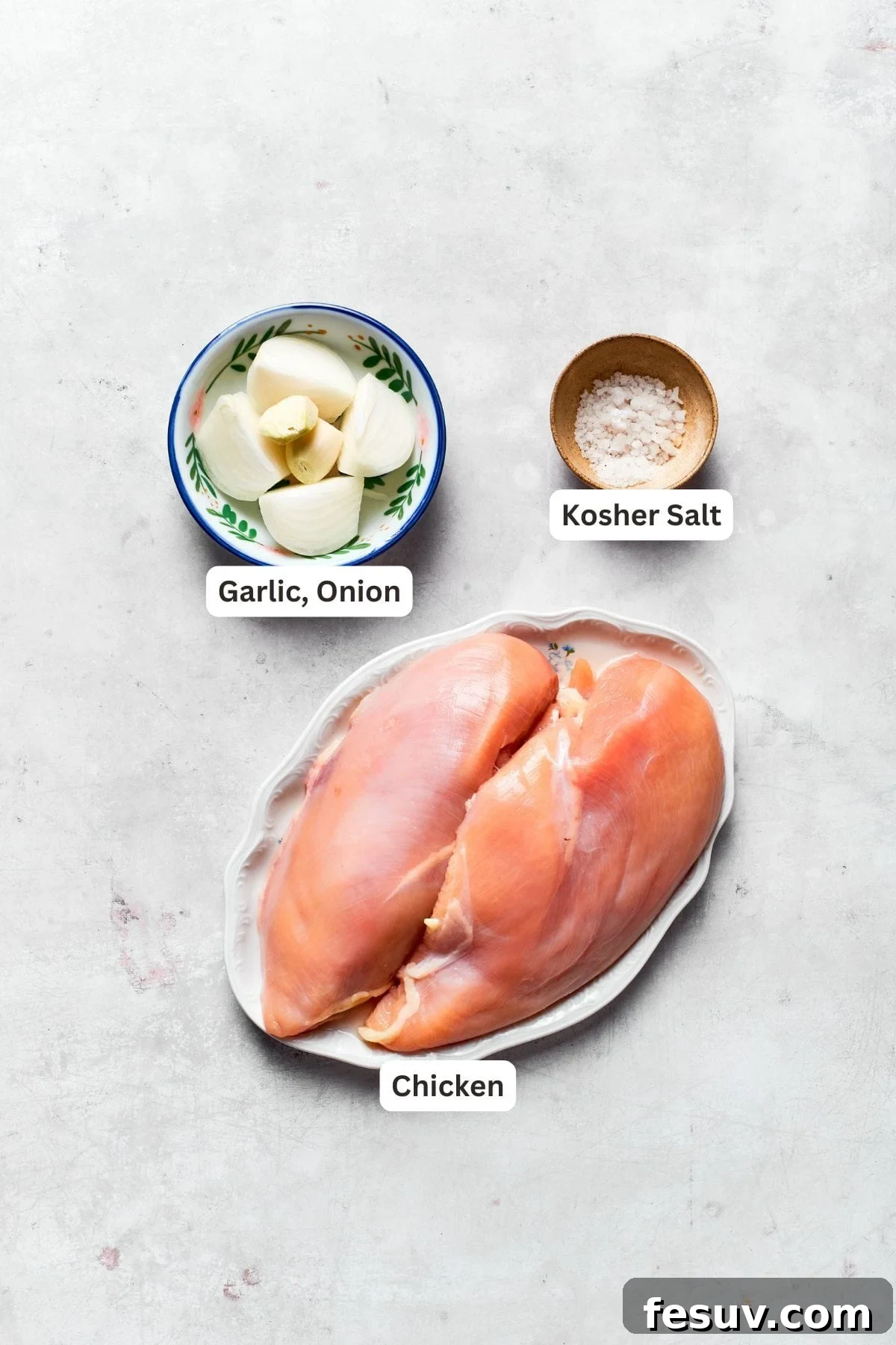 Ingredients for shredded chicken including chicken breasts, onion, garlic, water, and salt.