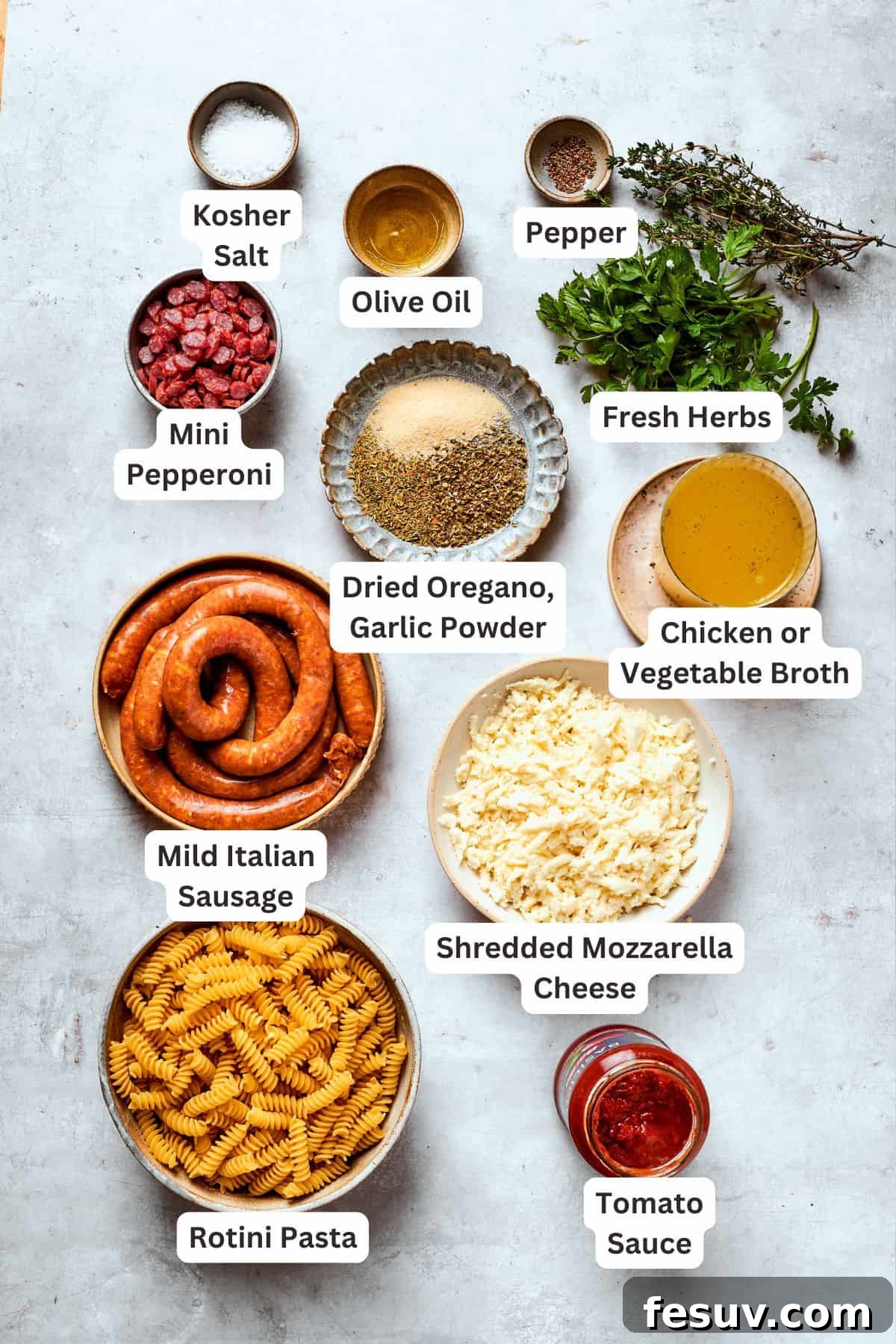 All the fresh ingredients for pizza pasta laid out and individually labeled, including Italian sausage, pepperoni, tomato sauce, seasonings, rotini pasta, broth, and mozzarella cheese.