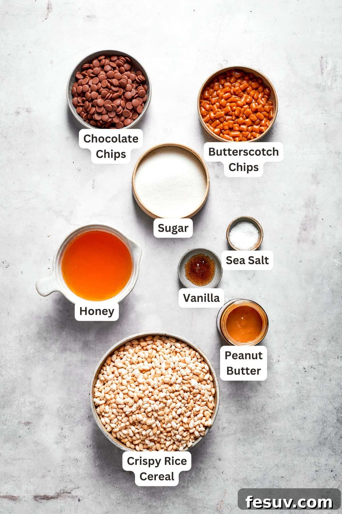 No-bake scotcharoos feature creamy peanut butter, crispy rice cereal, and a sweet layer of melted chocolate and butterscotch. Ingredients for scotcharoos laid out and text-labeled for clarity.