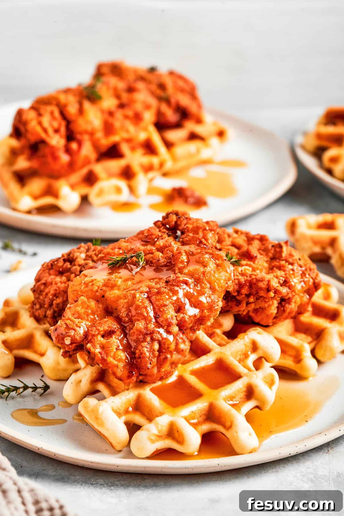 Classic Fried Chicken and Waffles Plated A perfectly assembled plate of fried chicken served over a fluffy waffle, ready to be enjoyed.