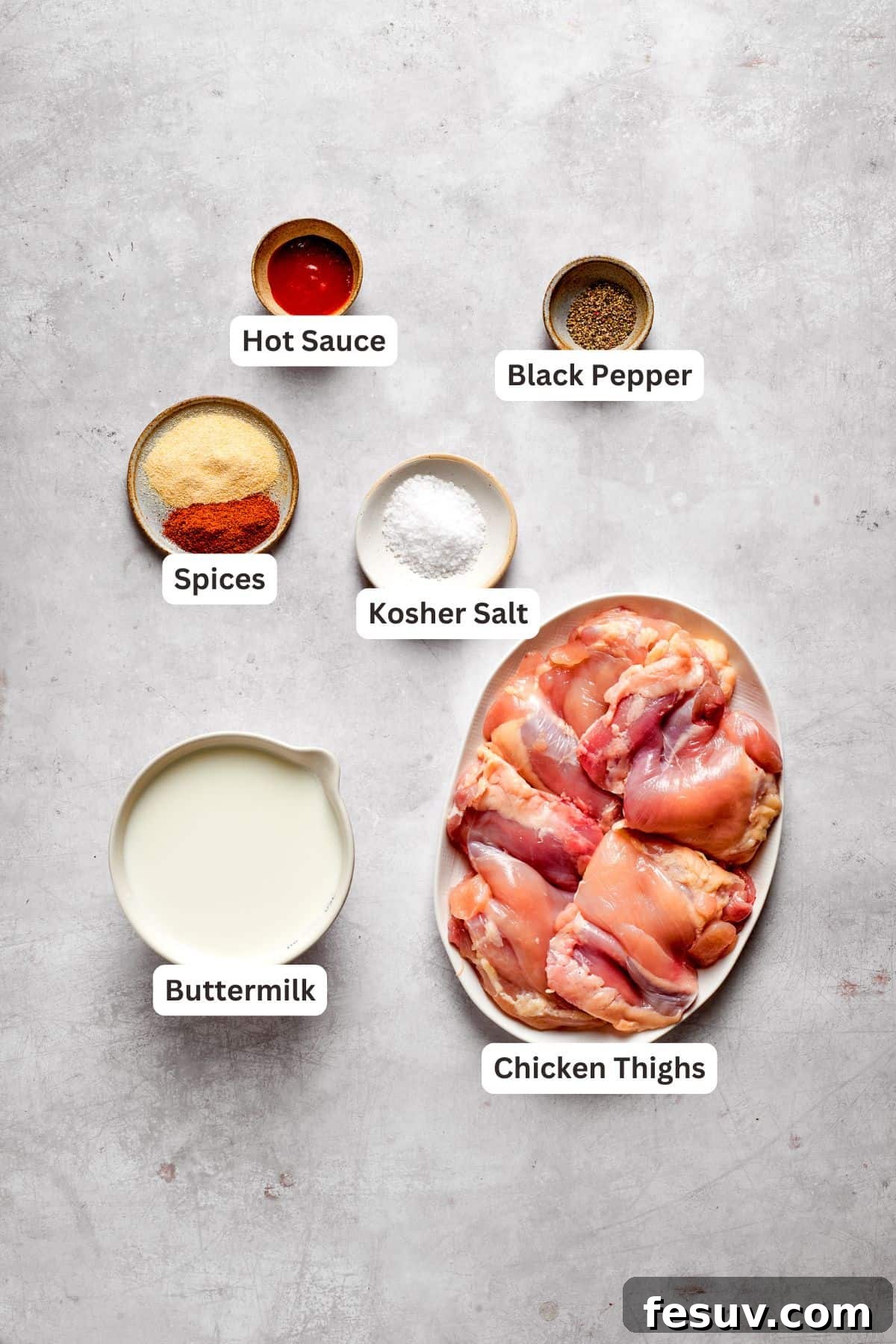Key Ingredients for Marinating and Frying Chicken Labeled ingredients for marinating and frying the chicken.