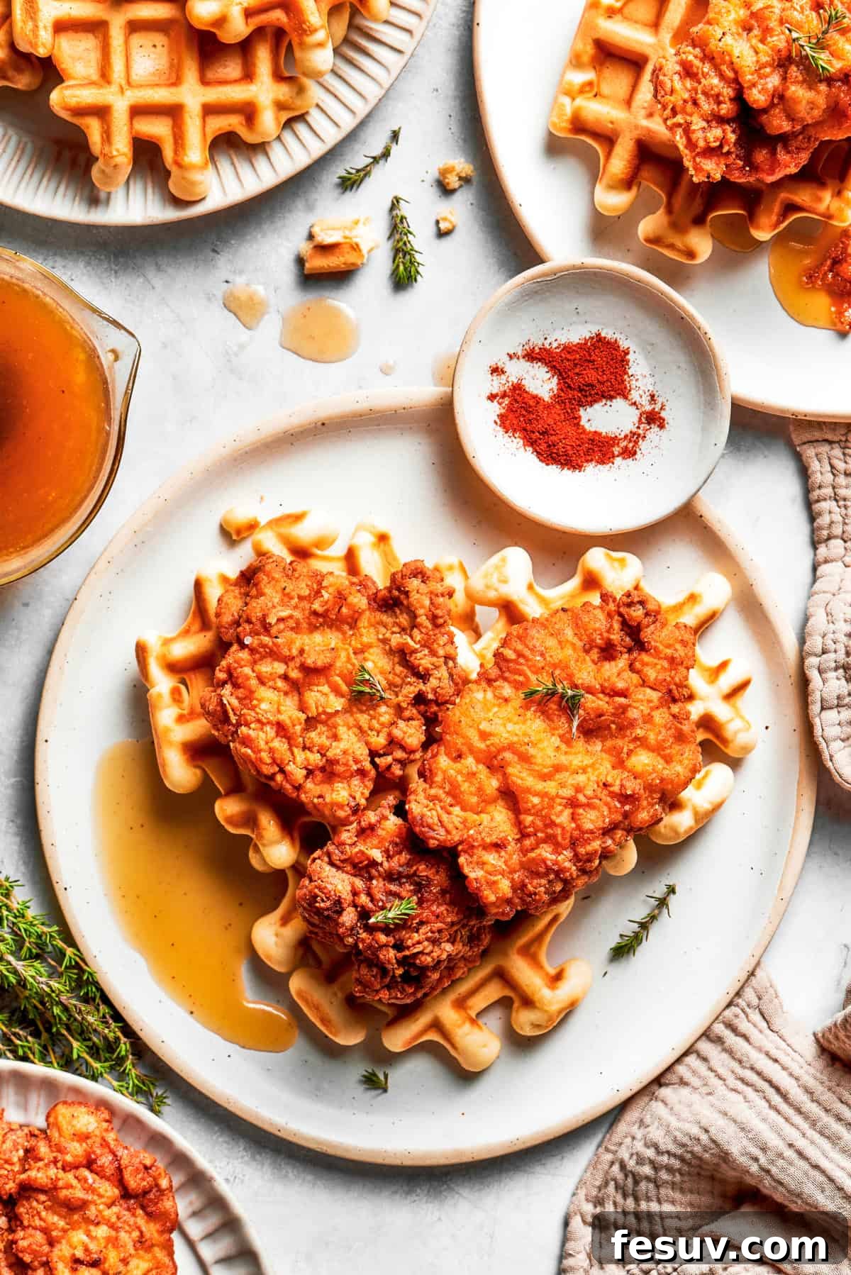 Golden Fried Chicken and Waffles with Honey Butter Golden fried chicken resting atop fluffy waffles, generously covered with melted hot honey butter.