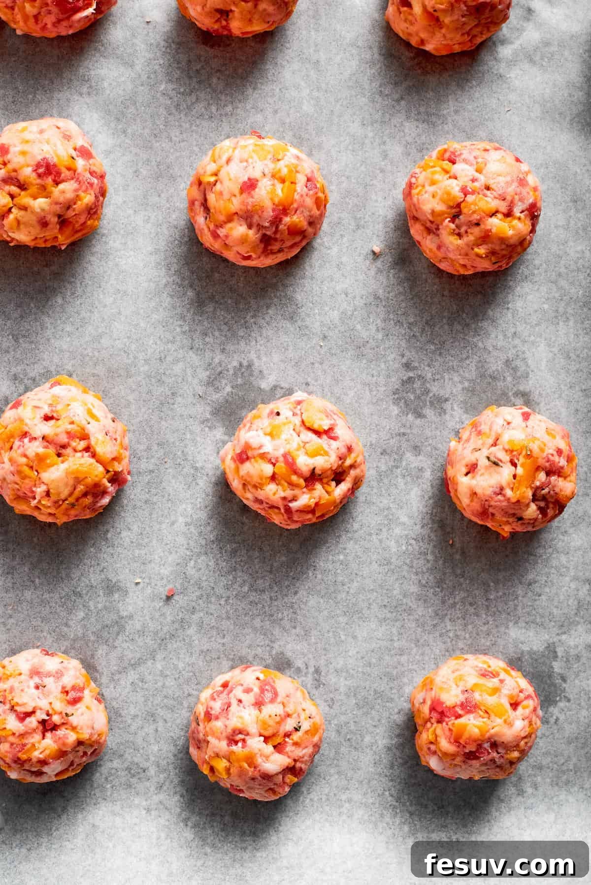 This sausage balls recipe relies on Bisquick, pork sausage, and Italian seasoning for an easy appetizer. Don't forget the dipping sauce! Sausage balls on a line baking tray.