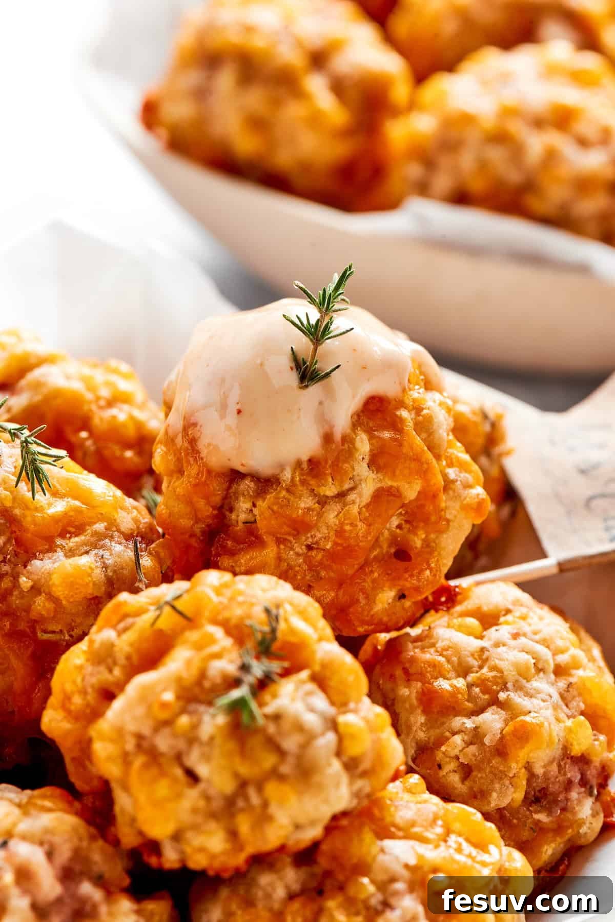 This sausage balls recipe relies on Bisquick, pork sausage, and Italian seasoning for an easy appetizer. Don't forget the dipping sauce! Dipping sauce tops a sausage ball.
