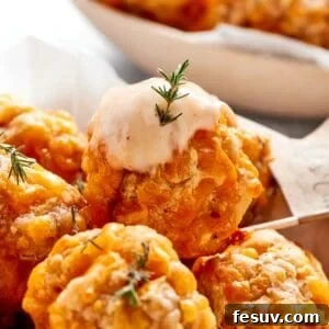 Dipping sauce tops a sausage ball.