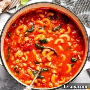 A pot of vibrant Tomato Florentine soup, ready to be served.