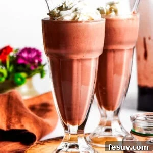 Two chocolate milkshakes topped with whipped cream and berries, served in tall glasses.