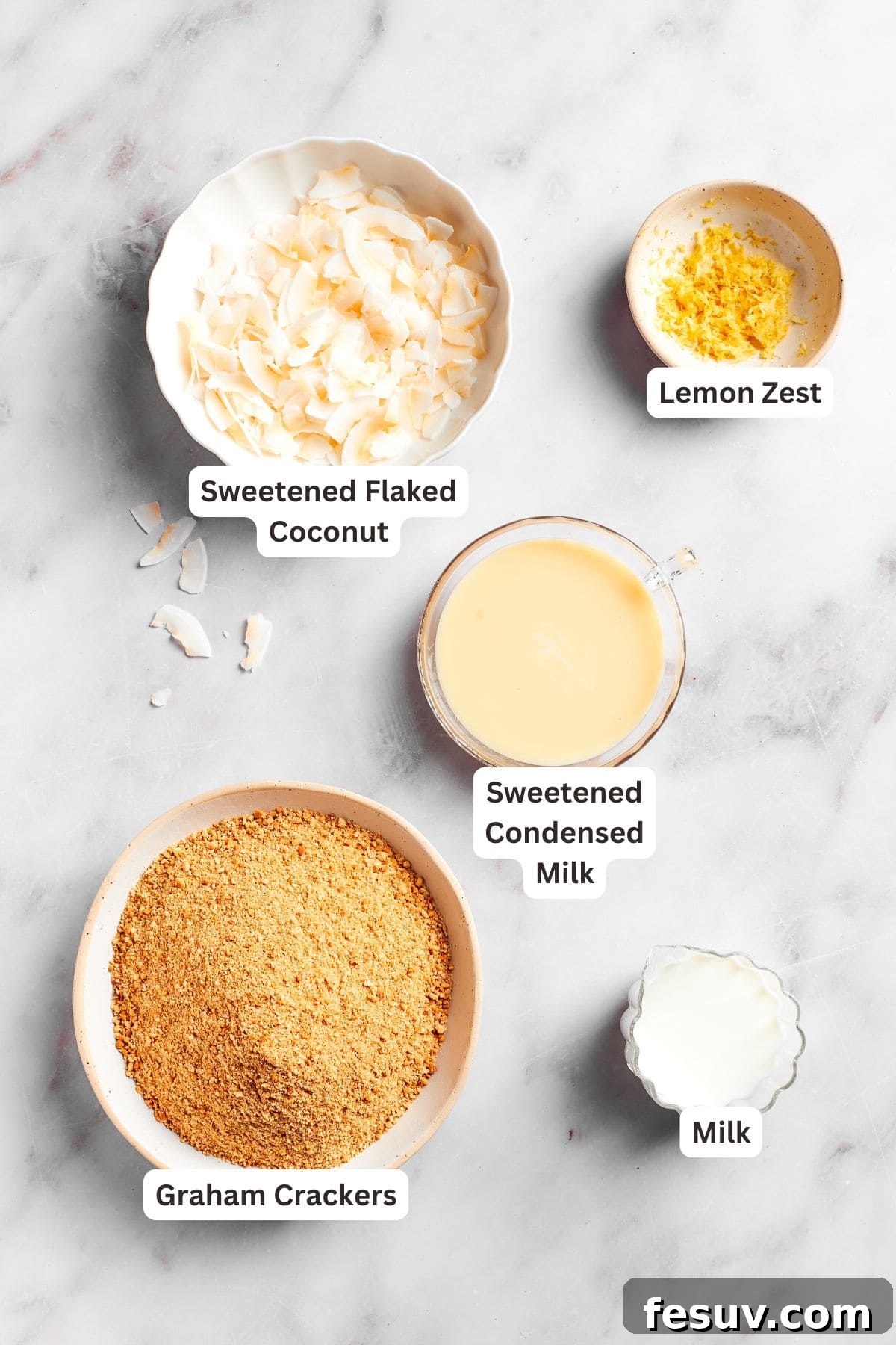 Key ingredients for lemon slice: graham crackers, coconut, lemons, condensed milk.