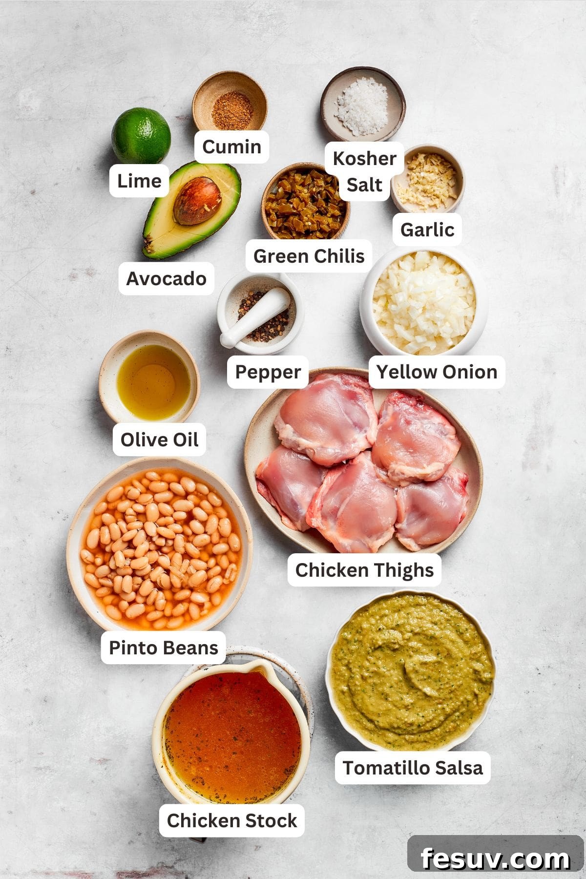 Tender chicken and pinto beans are cooked in a zesty broth made with salsa verde and green chilis to make spicy chicken soup. Ingredients for spicy chicken soup are text labeled.