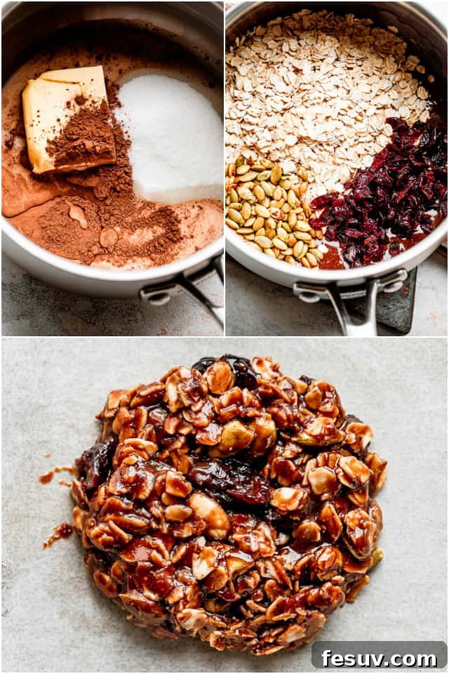 A step-by-step photo collage illustrating the process of making healthy no-bake oatmeal cookies, from melting ingredients to mixing in oats and forming cookies.