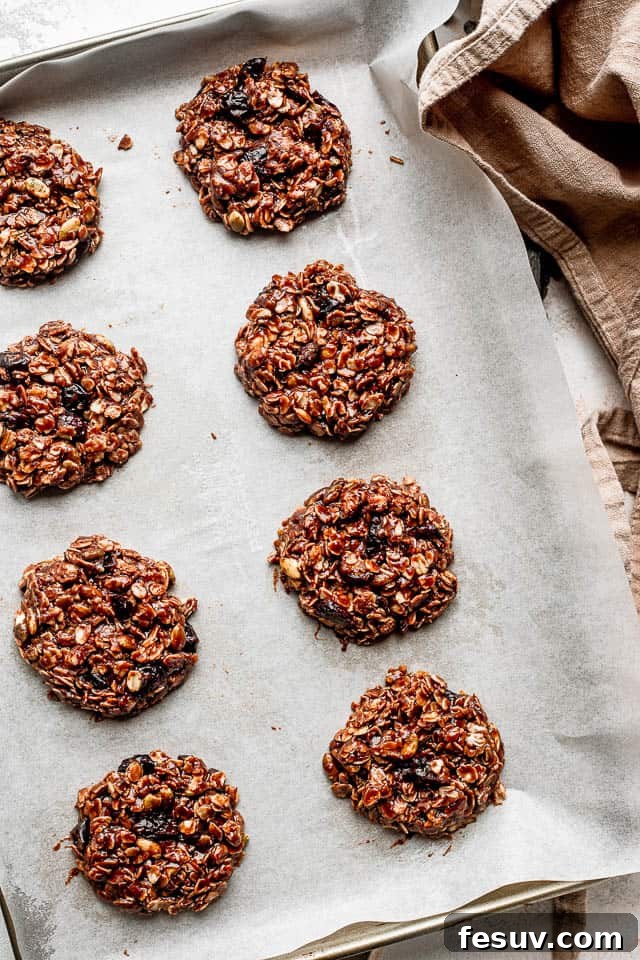 Overhead shot of freshly formed no-bake oatmeal cookies cooling on parchment paper-lined baking sheets, ready to set.