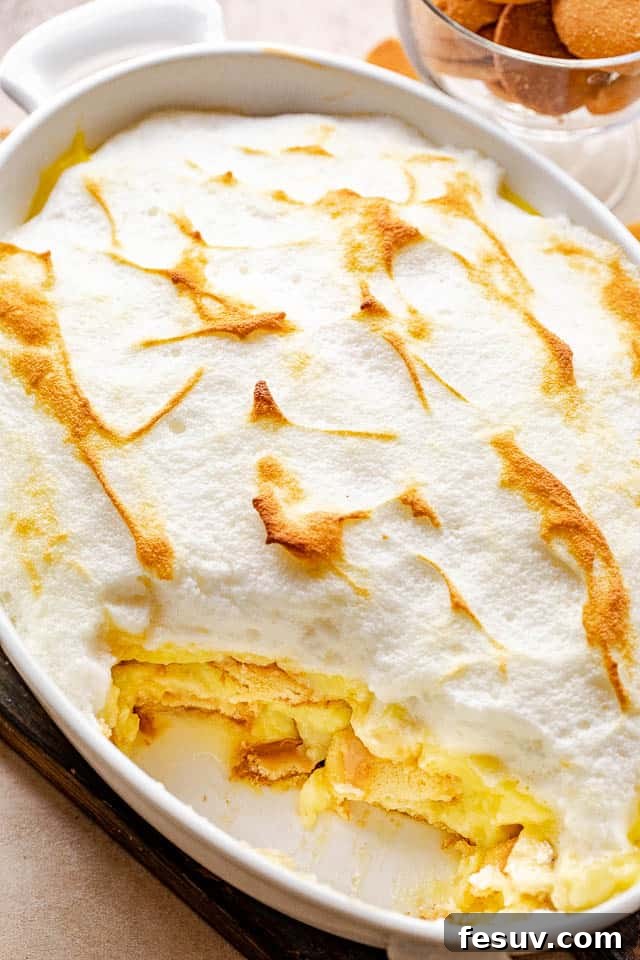 Southern Comfort Banana Pudding 2 top view of a banana pudding dessert in a white baking dish, ready to be served