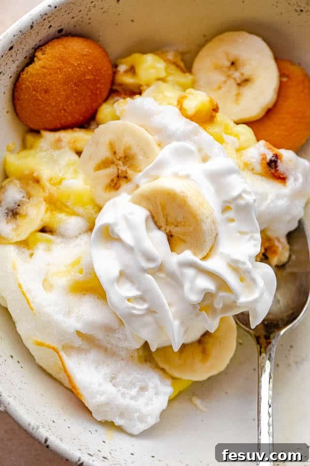 Southern Comfort Banana Pudding 6 a bowl of homemade banana pudding with a spoon inside