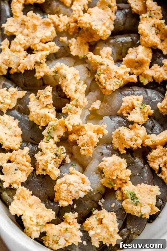 Garlic Butter Baked Shrimp De Jonghe 4 top view of raw shrimp with dollops of butter on top of them.