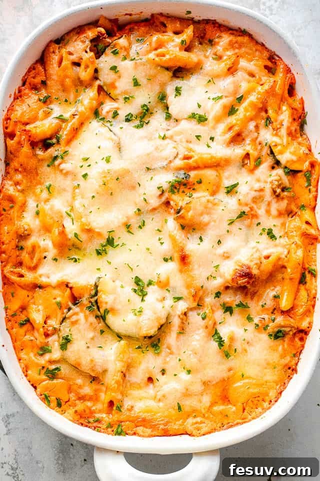 Velvety Zucchini Mushroom Pasta Bake 2 overhead shot of a cheesy baked pasta and zucchini casserole