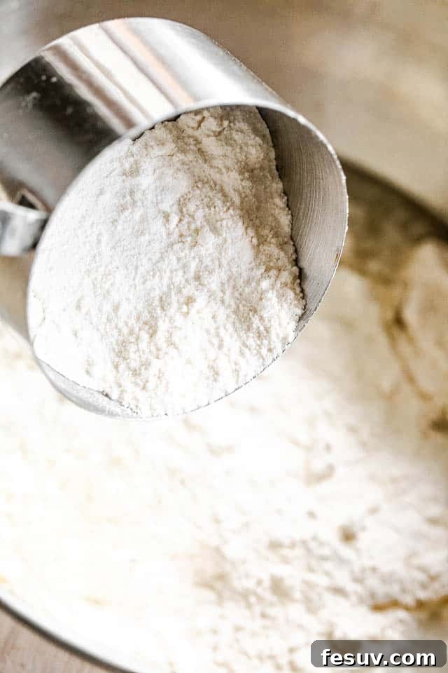 Effortless Artisan Bread 3 side shot of a silver measuring cup filled with all-purpose flour