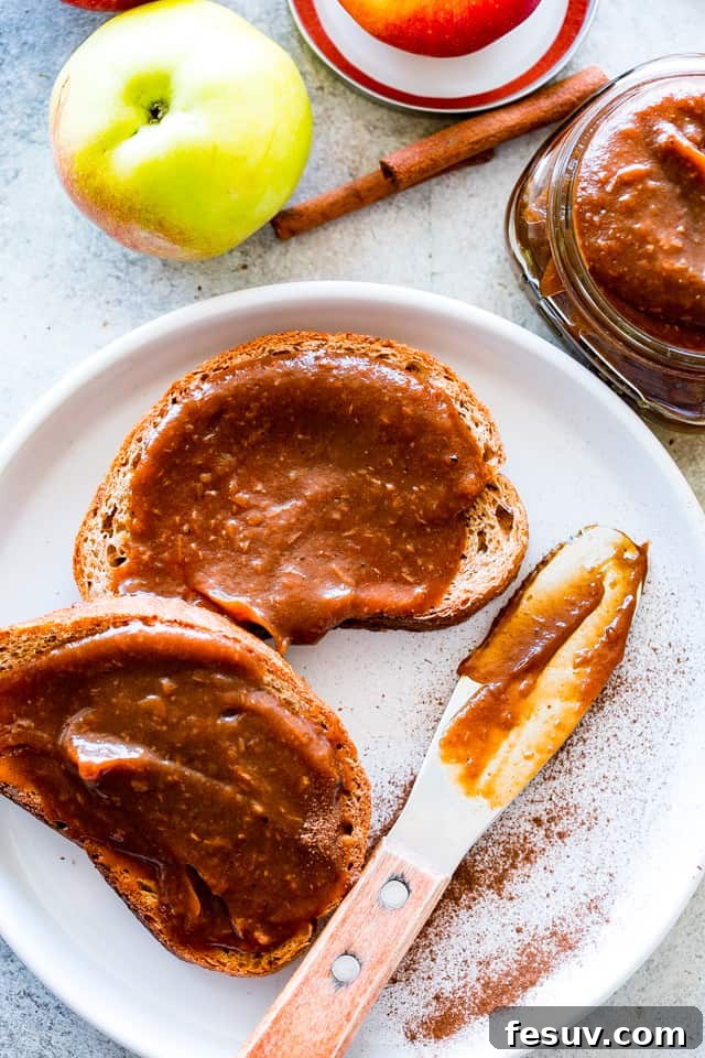 Overhead shot of Instant Pot Apple Butter spread on sliced bread