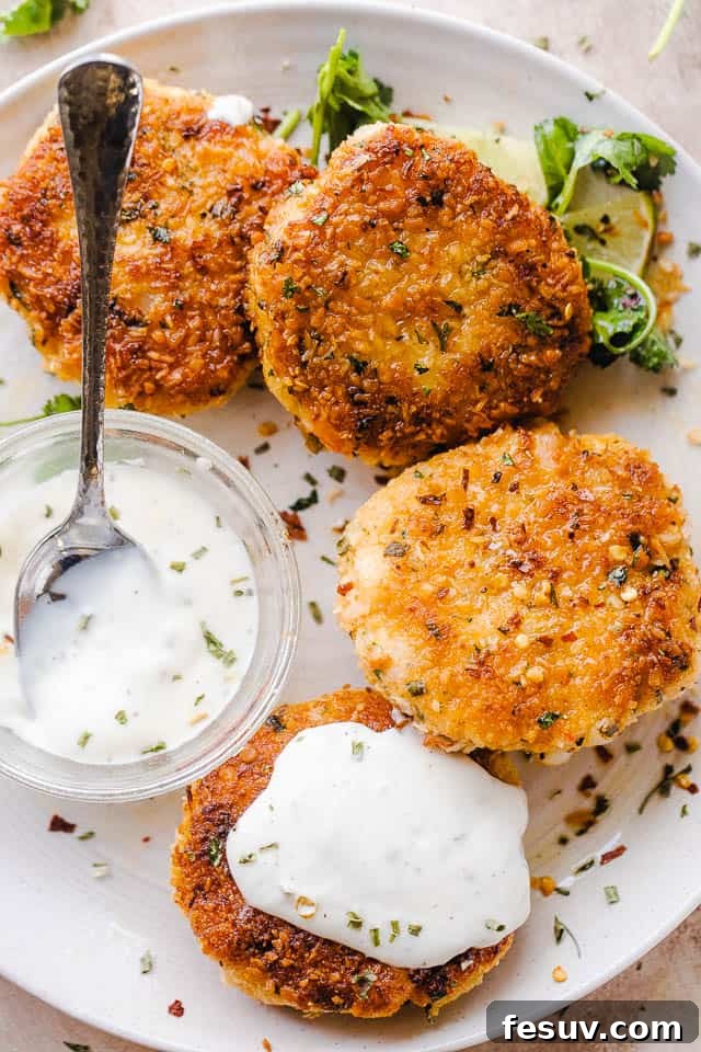plated shrimp cakes on a white serving plate and a bowl of sauce