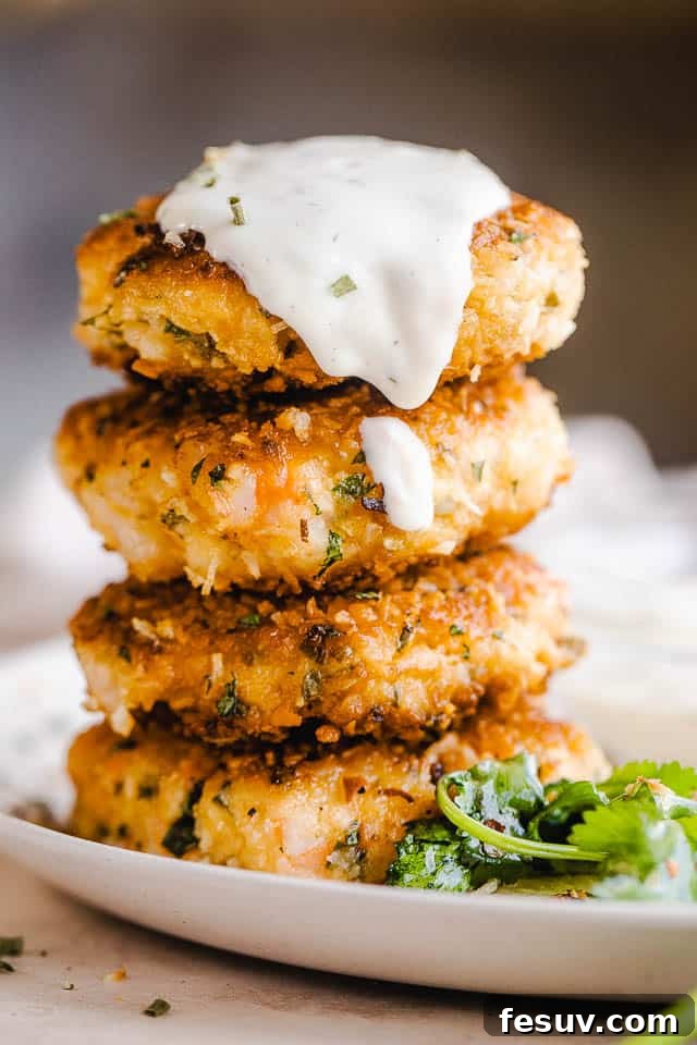 stacked shrimp cakes and topped with sauce