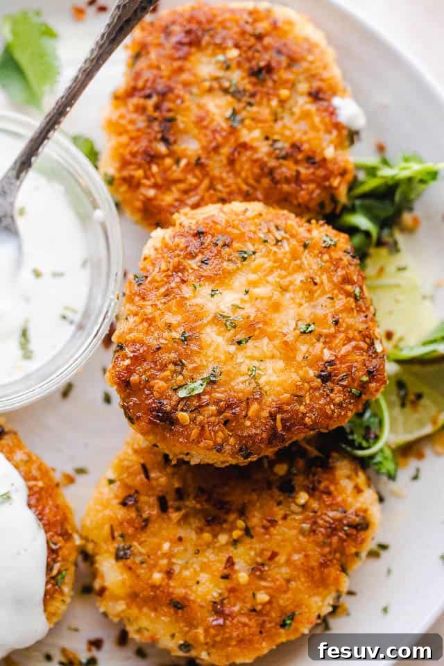 close up overhead shot of plated shrimp cakes on a white serving plate and a bowl of sauce