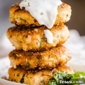 stacked shrimp cakes and topped with sauce