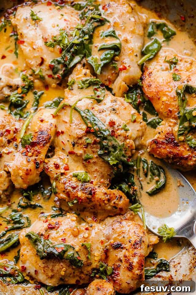 overhead close up shot of boneless skinless chicken thighs in a creamy sauce with spinach